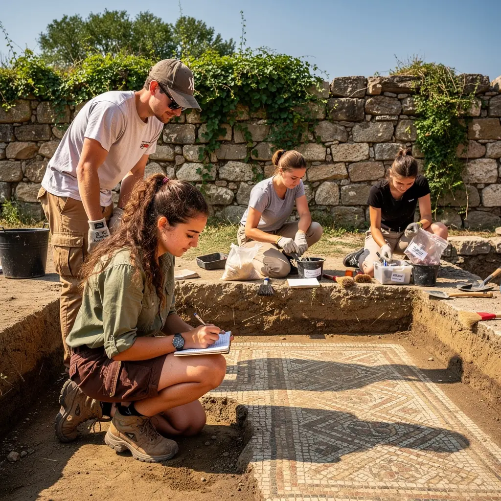 Földbe ásott régészeti gödör, amelyben különböző történelmi tárgyak láthatók.
