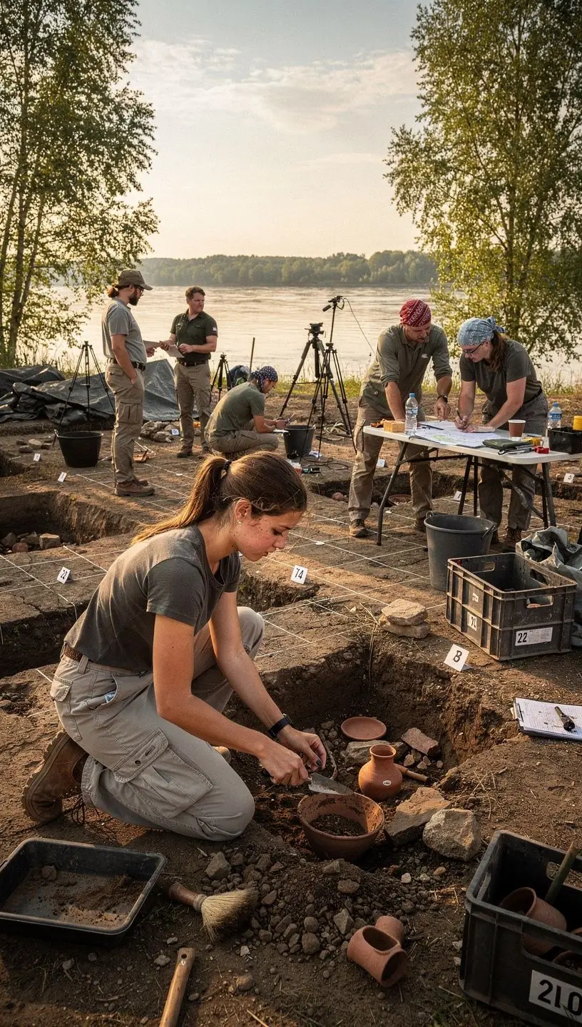 Közelkép egy régészeti leletet bemutató kéz, amely egy ősi ékszert tart.