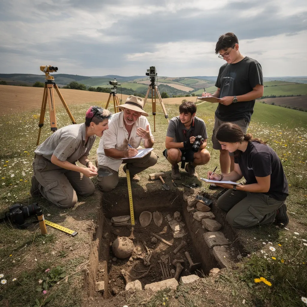 Ősi régészeti ásatás során dolgozó diákok egy csoportja a földön.