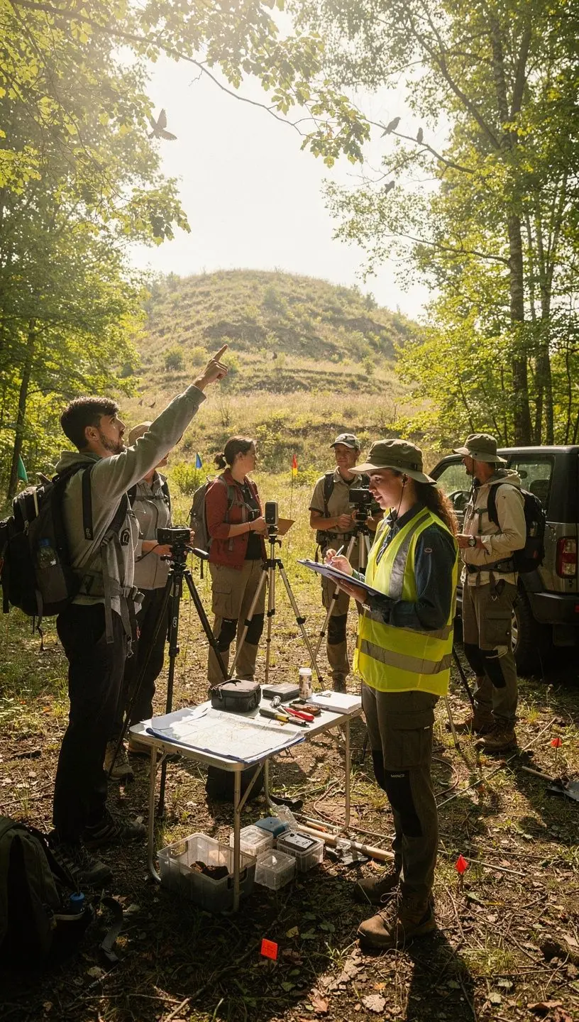 Földmódszerek bemutatása egy oktatási workshop során, ahol résztvevők tanulmányozzák a régi kultúrák nyomait.