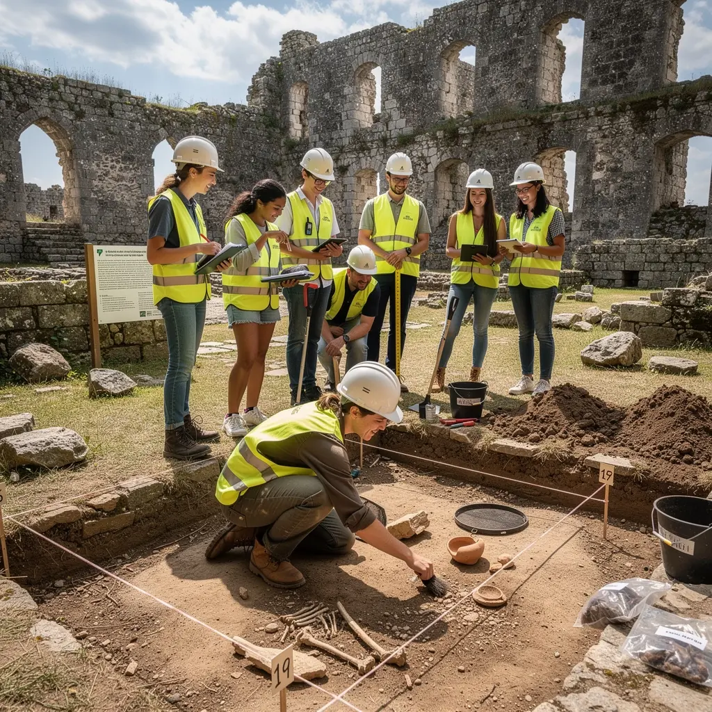 Földmódszerek bemutatása egy oktatási workshop során, ahol résztvevők tanulmányozzák a régi kultúrák nyomait.