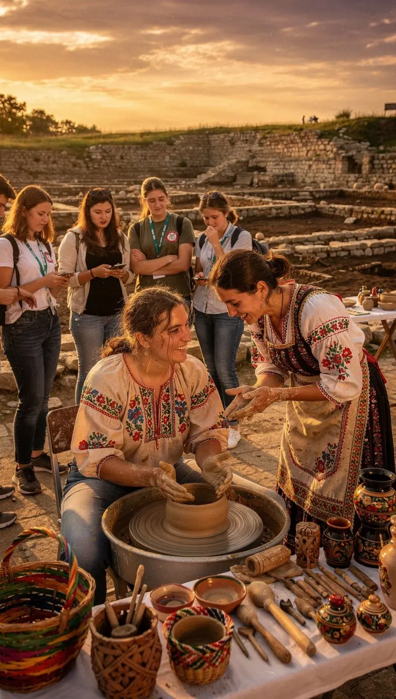 Földmódszerek bemutatása egy oktatási workshop során, ahol résztvevők tanulmányozzák a régi kultúrák nyomait.