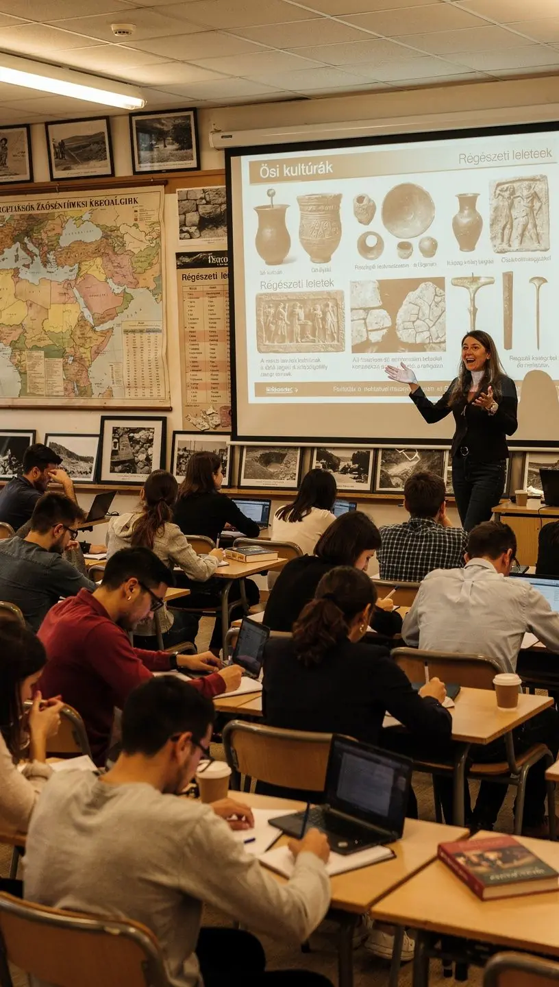 Földmódszerek bemutatása egy oktatási workshop során, ahol résztvevők tanulmányozzák a régi kultúrák nyomait.