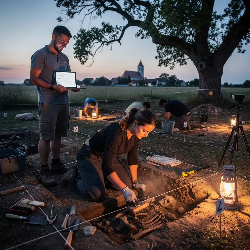 Földmódszerek bemutatása egy oktatási workshop során, ahol résztvevők tanulmányozzák a régi kultúrák nyomait.