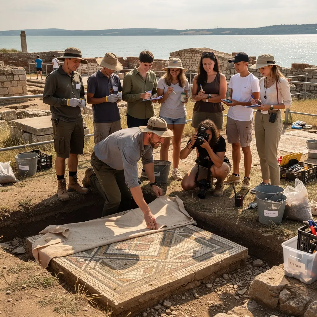 Földmódszerek bemutatása egy oktatási workshop során, ahol résztvevők tanulmányozzák a régi kultúrák nyomait.