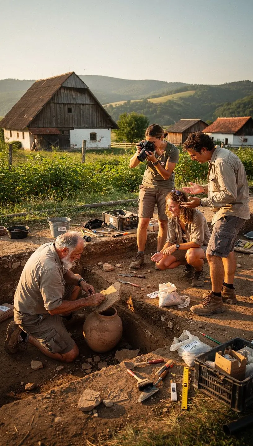 Ősi romok feltárása közben készült kép, ahol archeológusok egy csoportja dolgozik a helyszínen.
